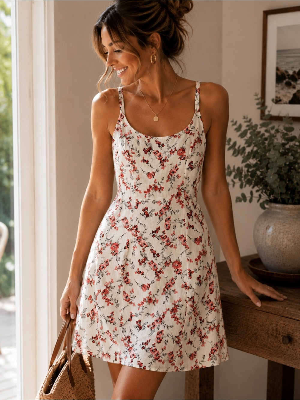 a new day White Floral Mini Dress with Pink Flowers